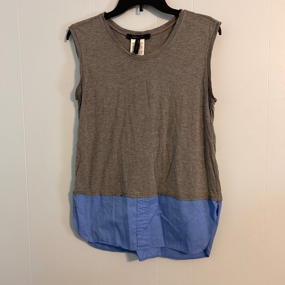 BCBGMAXAZRIA Womens Grey Blue Mixed Media Layered Sleeveless Top WCJ1R686 Size S